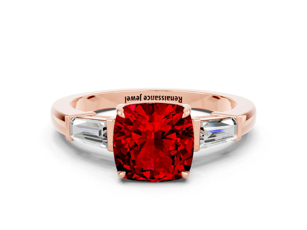 Rose gold Cushion Cut Cut Diamond Ring with Tapered Baguette Side Stones in Four-Prong Setting