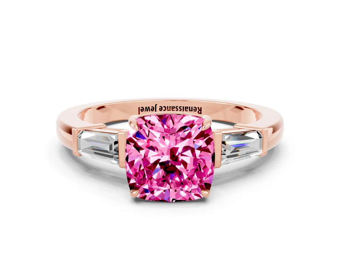 Rose gold Cushion Cut Cut Diamond Ring with Tapered Baguette Side Stones in Four-Prong Setting