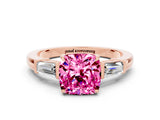 Rose gold Cushion Cut Cut Diamond Ring with Tapered Baguette Side Stones in Four-Prong Setting