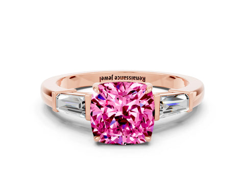 Rose gold Cushion Cut Cut Diamond Ring with Tapered Baguette Side Stones in Four-Prong Setting