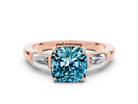 Rose gold Cushion Cut Cut Diamond Ring with Tapered Baguette Side Stones in Four-Prong Setting