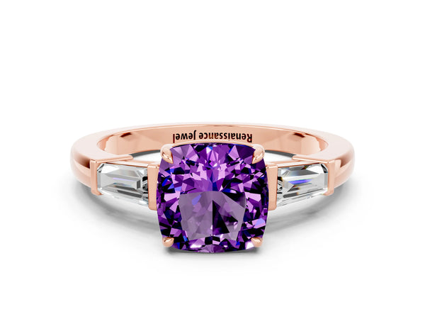 Rose gold Cushion Cut Amethyst Three-Stone Ring with Tapered Baguette Side Stones and Prong Setting