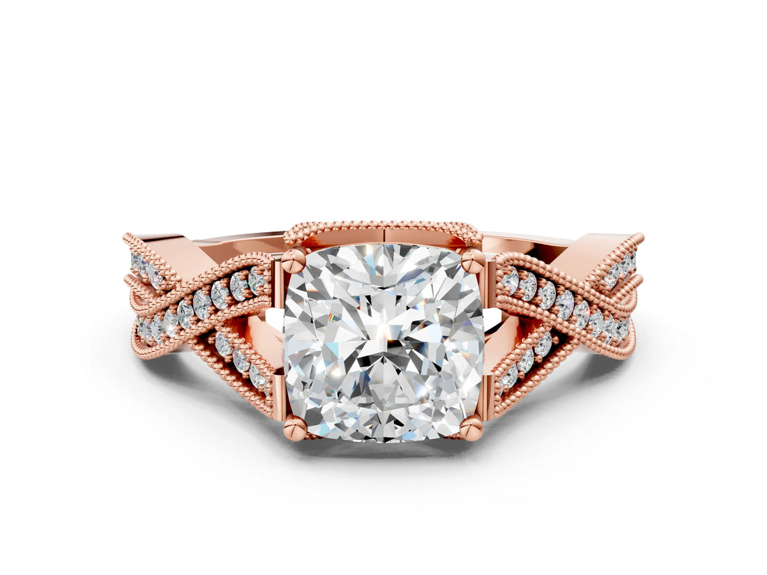 Rose gold Cushion Cut Cut Diamond Twisted Band with Milgrain Pave Setting and Four-Prong Setting_2