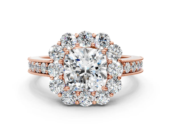 Rose gold Cushion Cut Cut Halo Diamond Pavé Engagement Ring with Milgrain Detailing