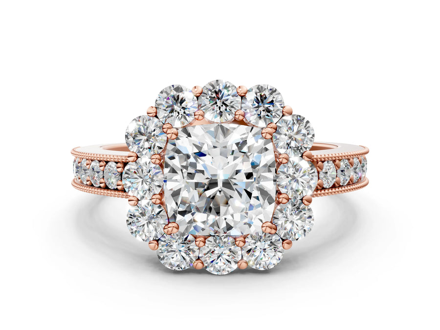 Rose gold Cushion Cut Cut Halo Diamond Pavé Engagement Ring with Milgrain Detailing