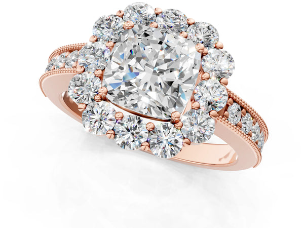 Rose gold Cushion Cut Cut Halo Diamond Pavé Engagement Ring with Milgrain Detailing