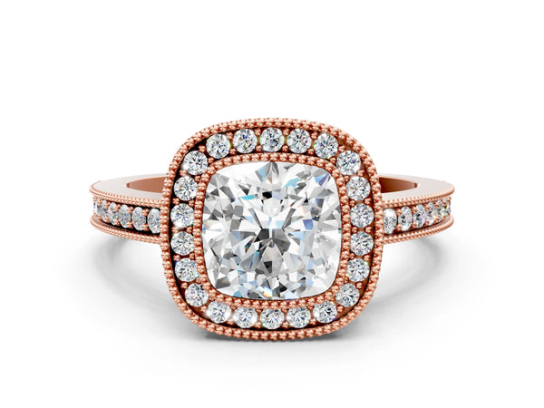 Rose Gold Cushion Cut Double Milgrain Halo Engagement Ring Setting
