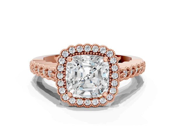 Rose gold Cushion Cut Cut Halo Pavé Solitaire Ring with Milgrain Band