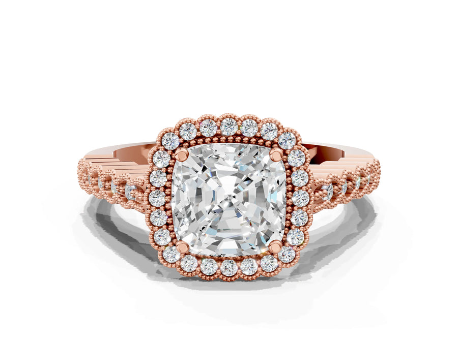 Rose gold Cushion Cut Cut Halo Pavé Solitaire Ring with Milgrain Band