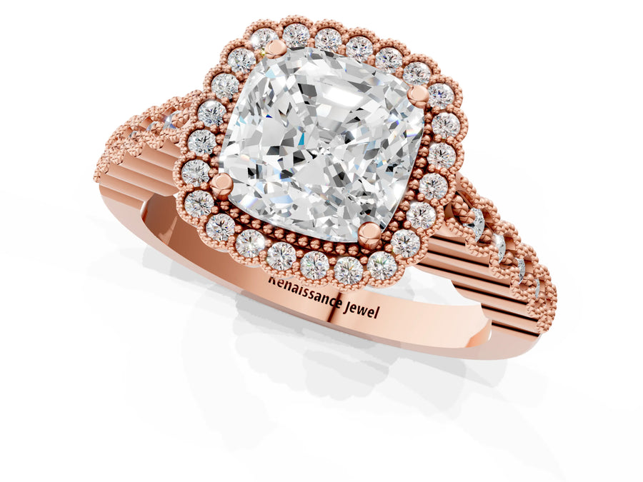 Rose gold Cushion Cut Cut Halo Pavé Solitaire Ring with Milgrain Band