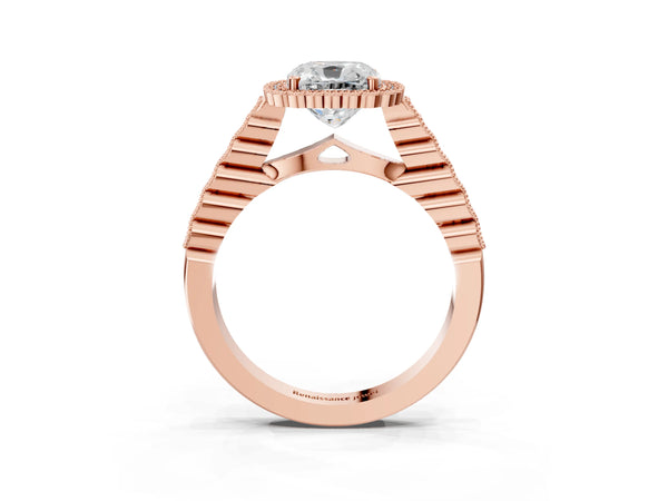 Rose gold Cushion Cut Cut Halo Pavé Solitaire Ring with Milgrain Band