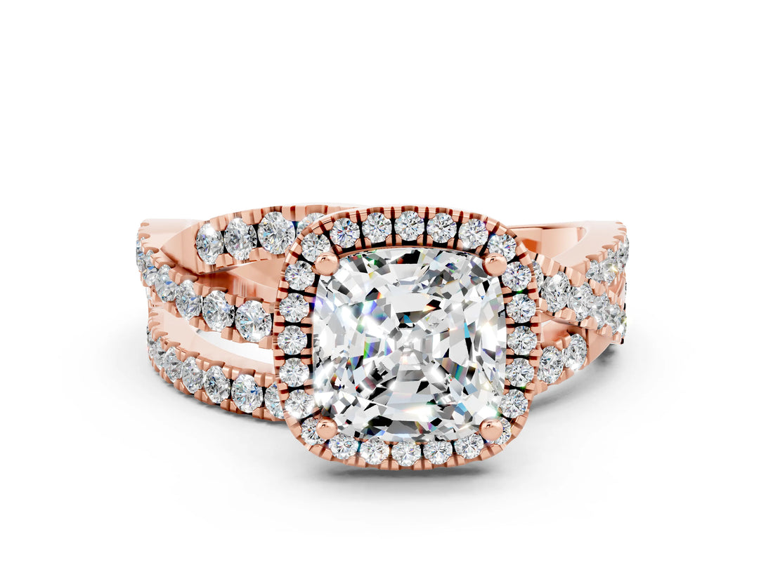 Rose gold Cushion Cut Cut Halo Split Shank Prong Setting Ring