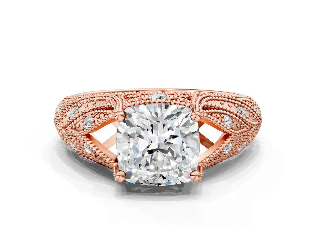 Rose gold Cushion Cut Cut Milgrain Pave Diamond Engagement Ring with Four-Prong Setting_15