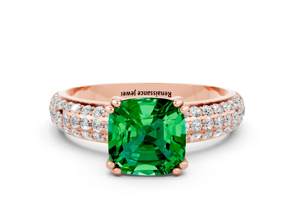 Rose gold Cushion Cut Emerald Solitaire Ring with Multi-Row Round Pavé Band and Prong Setting