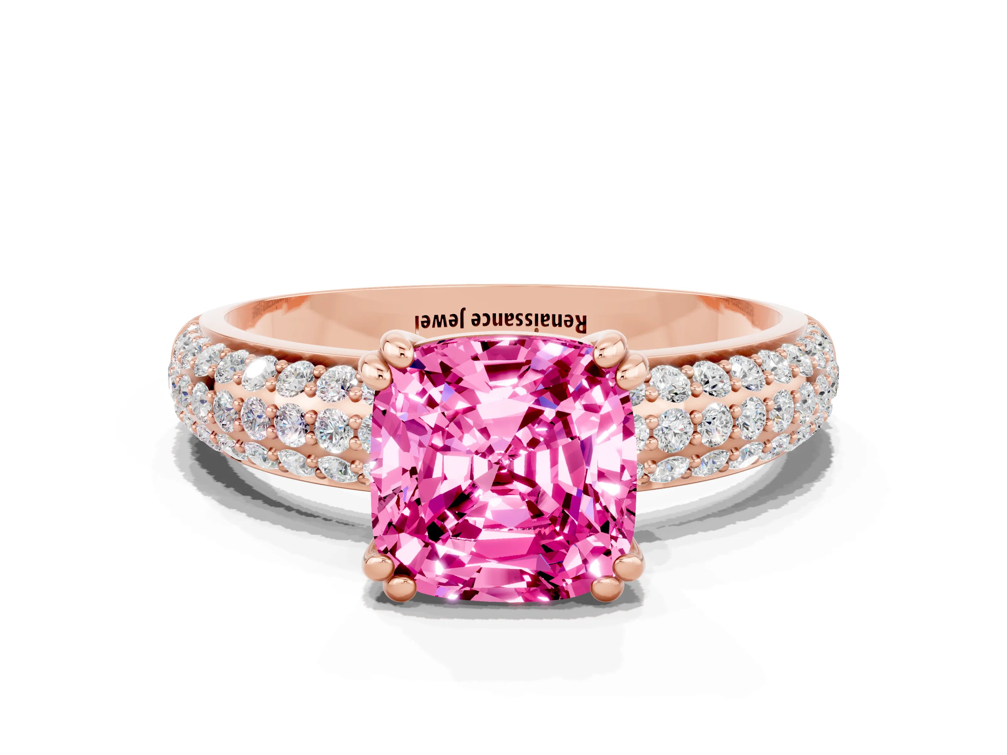 Rose gold Cushion Cut Cut Pave Diamond Engagement Ring with Channel Set Band and Four-Prong Setting