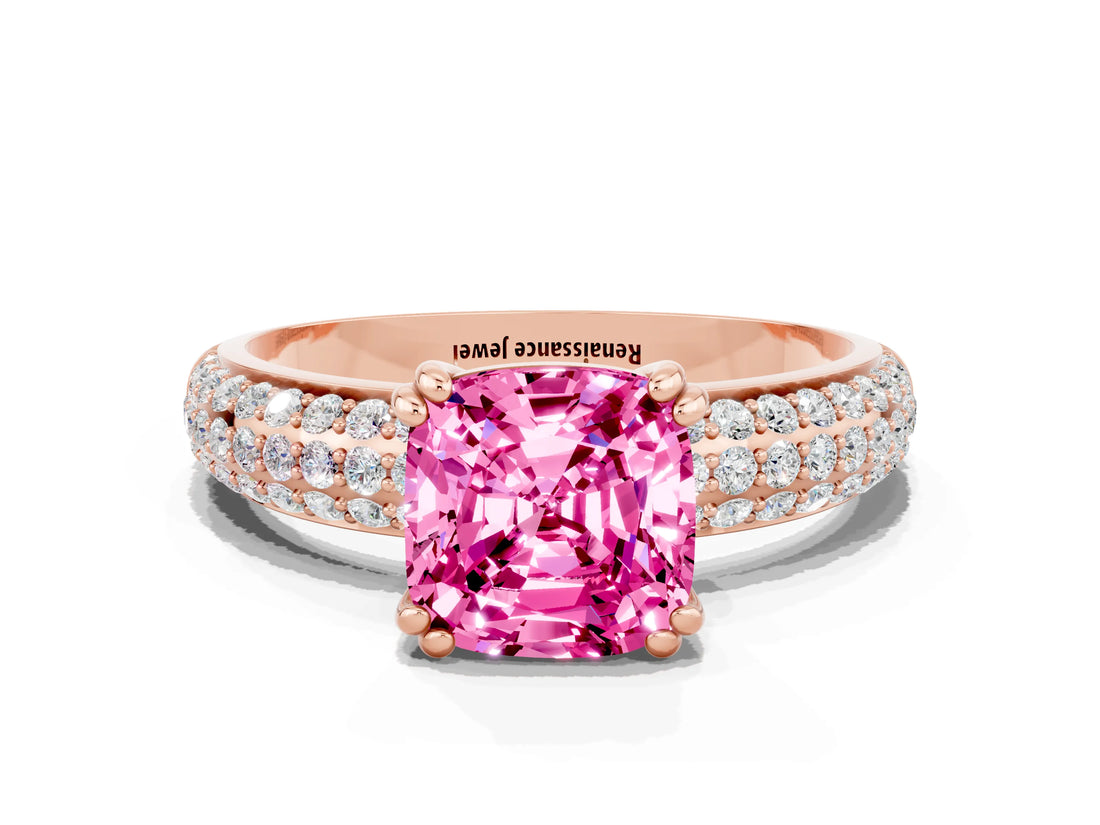Rose gold Cushion Cut Cut Pave Diamond Engagement Ring with Channel Set Band and Four-Prong Setting