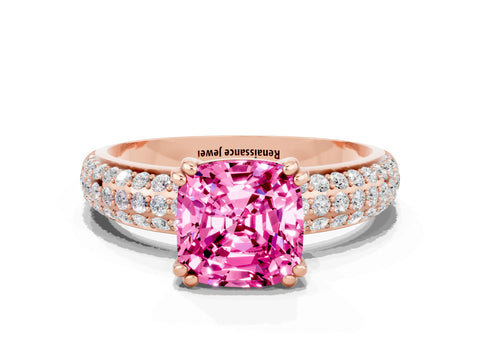 Rose gold Cushion Cut Cut Pave Diamond Engagement Ring with Channel Set Band and Four-Prong Setting