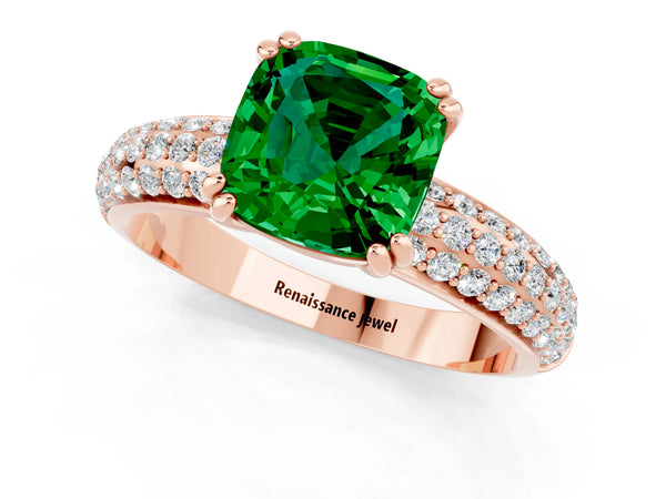 Rose gold Cushion Cut Emerald Solitaire Ring with Multi-Row Round Pavé Band and Prong Setting