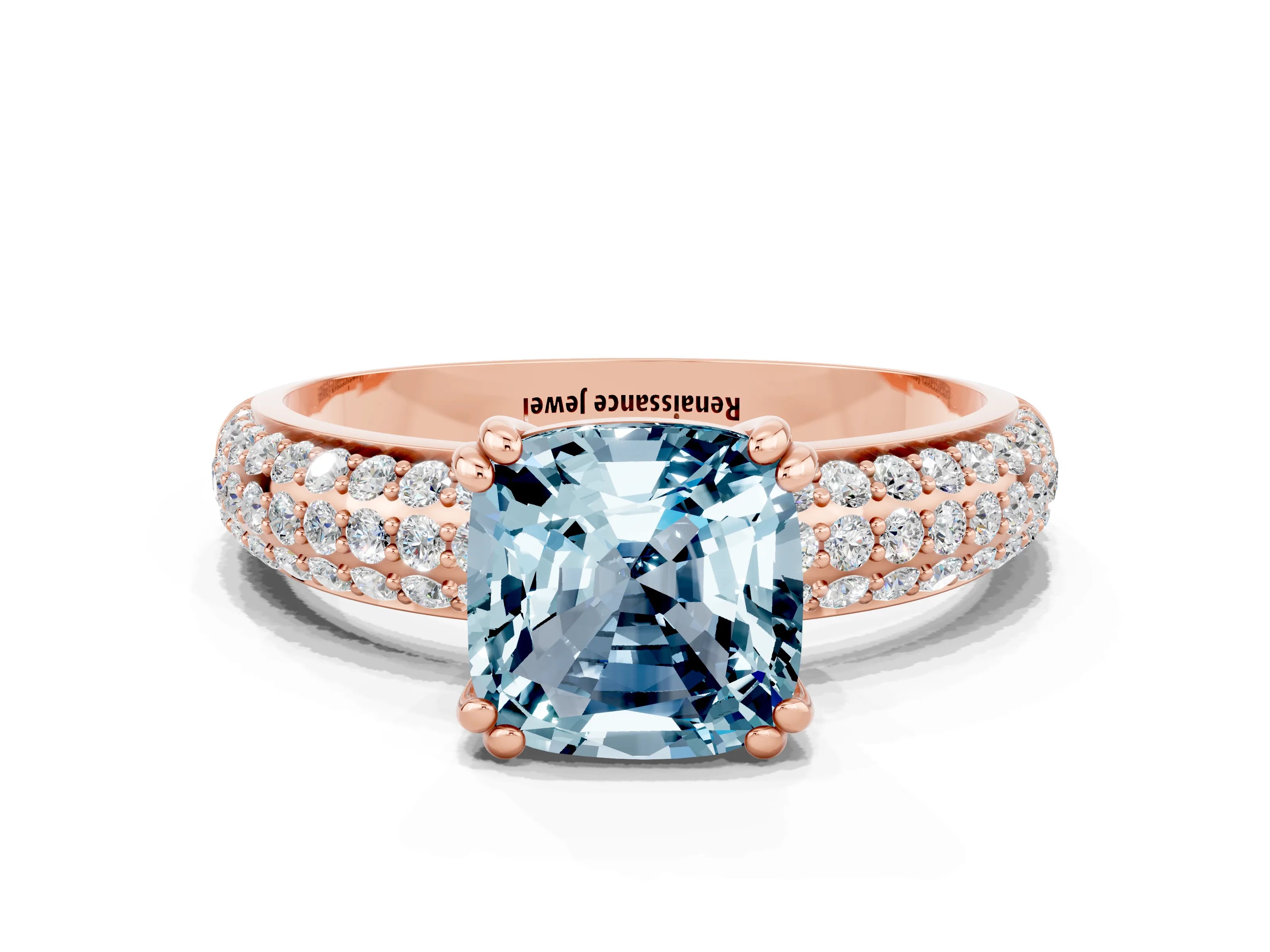 Rose gold Cushion Cut Cut Pave Diamond Engagement Ring with Channel Set Band and Four-Prong Setting