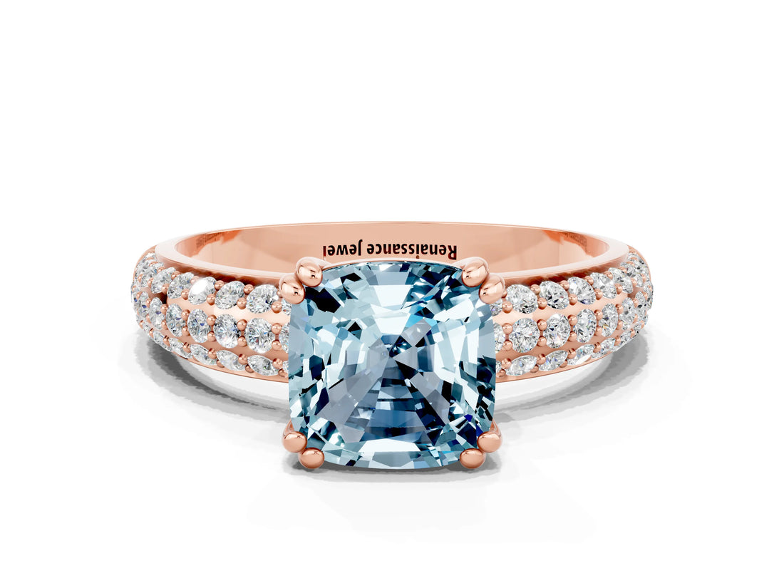 Rose gold Cushion Cut Cut Pave Diamond Engagement Ring with Channel Set Band and Four-Prong Setting