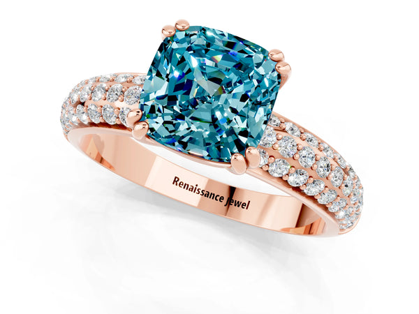 Rose gold Cushion Cut Cut Pave Diamond Engagement Ring with Channel Set Band and Four-Prong Setting