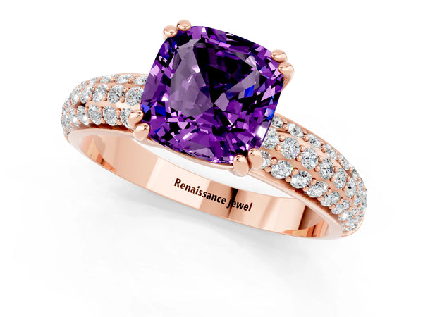 Rose gold Cushion Cut Amethyst Solitaire Ring with Multi-Row Round Pavé Band and Prong Setting