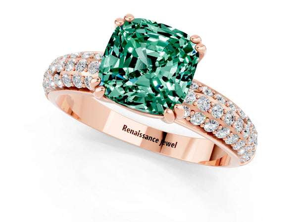 Rose gold Cushion Cut Green Sapphire Solitaire Ring with Multi-Row Round Pavé Band and Prong Setting