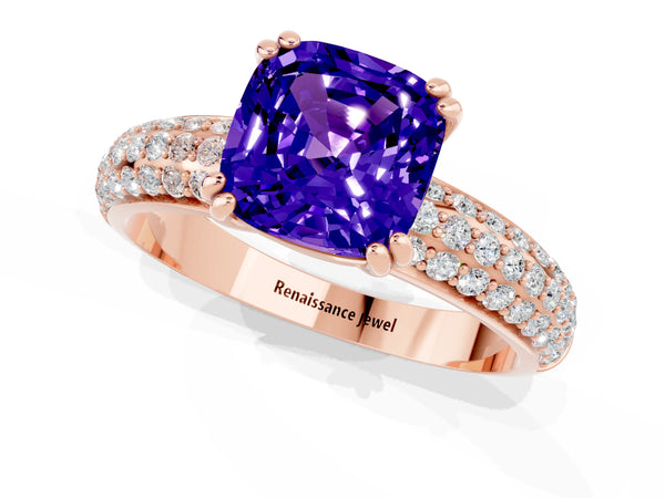 Rose gold Cushion Cut Tanzanite Solitaire Ring with Multi-Row Round Pavé Band and Prong Setting