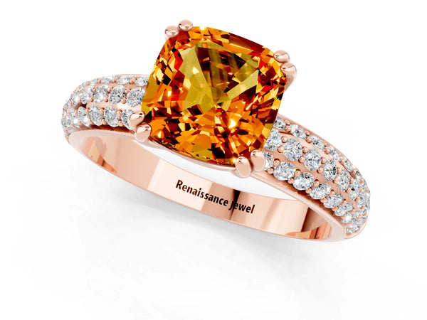 Rose gold Cushion Cut Citrine Solitaire Ring with Multi-Row Round Pavé Band and Prong Setting