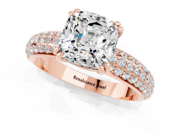 Rose gold Cushion Cut Moissanite Solitaire Ring with Multi-Row Round Pavé Band and Prong Setting