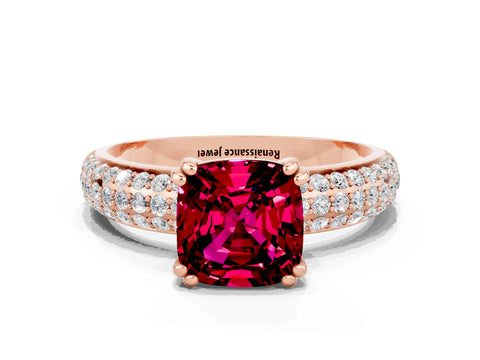 Rose gold Cushion Cut Cut Pave Diamond Engagement Ring with Channel Set Band and Four-Prong Setting