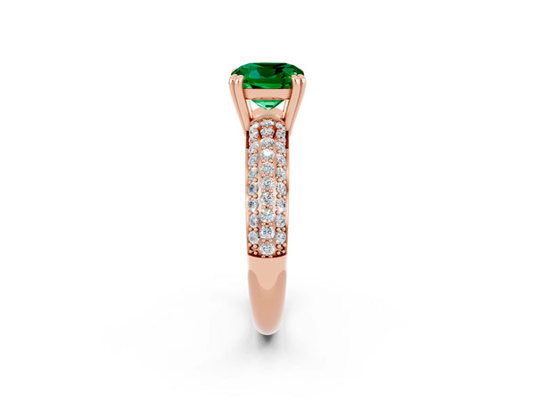 Rose gold Cushion Cut Emerald Solitaire Ring with Multi-Row Round Pavé Band and Prong Setting