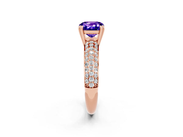 Rose gold Cushion Cut Tanzanite Solitaire Ring with Multi-Row Round Pavé Band and Prong Setting