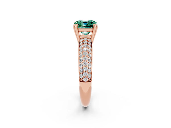 Rose gold Cushion Cut Green Sapphire Solitaire Ring with Multi-Row Round Pavé Band and Prong Setting
