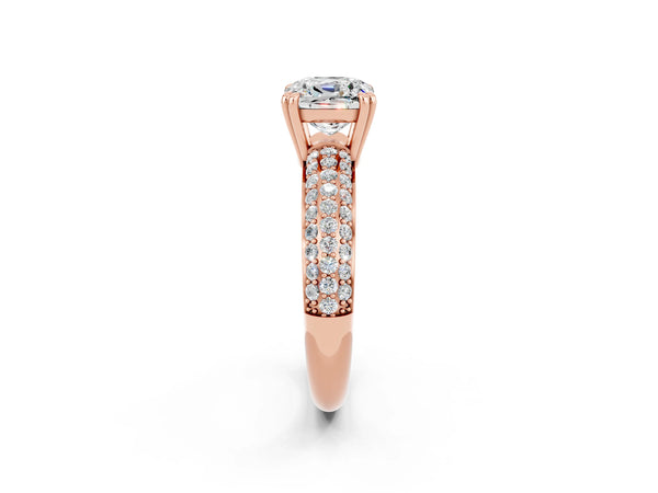 Rose gold Cushion Cut Moissanite Solitaire Ring with Multi-Row Round Pavé Band and Prong Setting