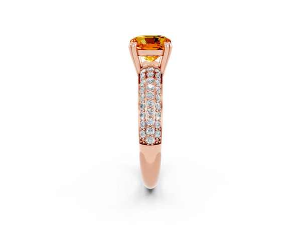 Rose gold Cushion Cut Citrine Solitaire Ring with Multi-Row Round Pavé Band and Prong Setting
