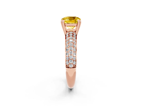 Rose gold Cushion Cut Yellow Sapphire Solitaire Ring with Multi-Row Round Pavé Band and Prong Setting