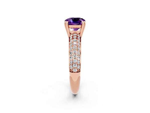 Rose gold Cushion Cut Amethyst Solitaire Ring with Multi-Row Round Pavé Band and Prong Setting