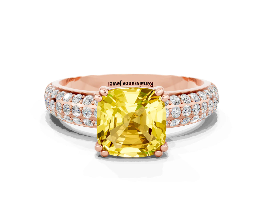 Rose gold Cushion Cut Cut Pave Diamond Engagement Ring with Channel Set Band and Four-Prong Setting