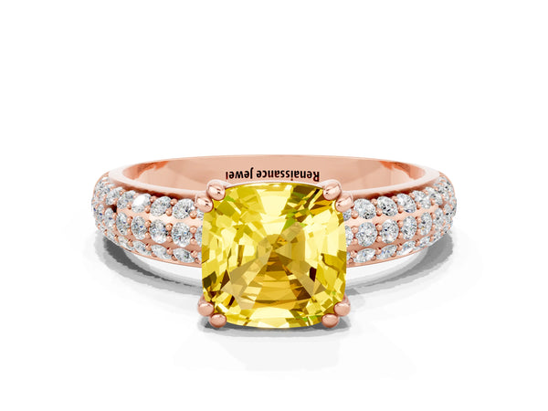 Rose gold Cushion Cut Yellow Sapphire Solitaire Ring with Multi-Row Round Pavé Band and Prong Setting