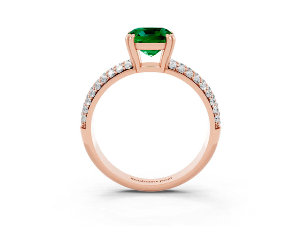 Rose gold Cushion Cut Emerald Solitaire Ring with Multi-Row Round Pavé Band and Prong Setting
