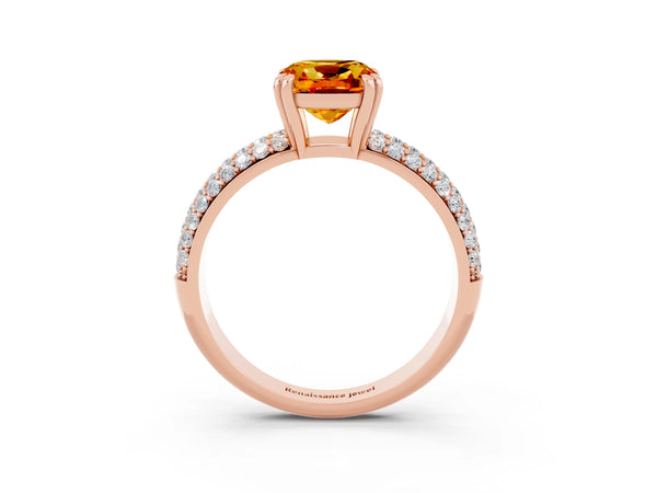 Rose gold Cushion Cut Citrine Solitaire Ring with Multi-Row Round Pavé Band and Prong Setting