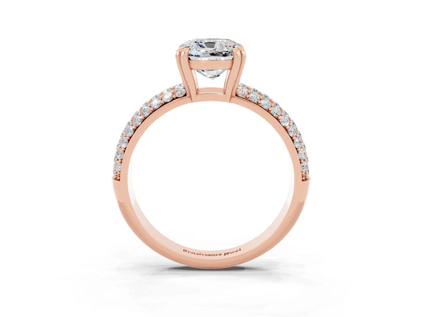 Rose gold Cushion Cut Moissanite Solitaire Ring with Multi-Row Round Pavé Band and Prong Setting