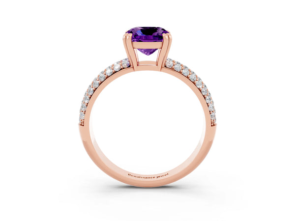 Rose gold Cushion Cut Amethyst Solitaire Ring with Multi-Row Round Pavé Band and Prong Setting