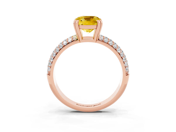 Rose gold Cushion Cut Yellow Sapphire Solitaire Ring with Multi-Row Round Pavé Band and Prong Setting