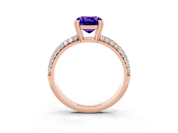 Rose gold Cushion Cut Tanzanite Solitaire Ring with Multi-Row Round Pavé Band and Prong Setting
