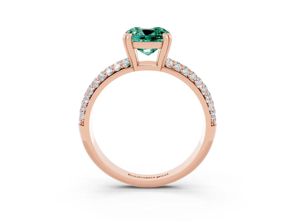 Rose gold Cushion Cut Green Sapphire Solitaire Ring with Multi-Row Round Pavé Band and Prong Setting