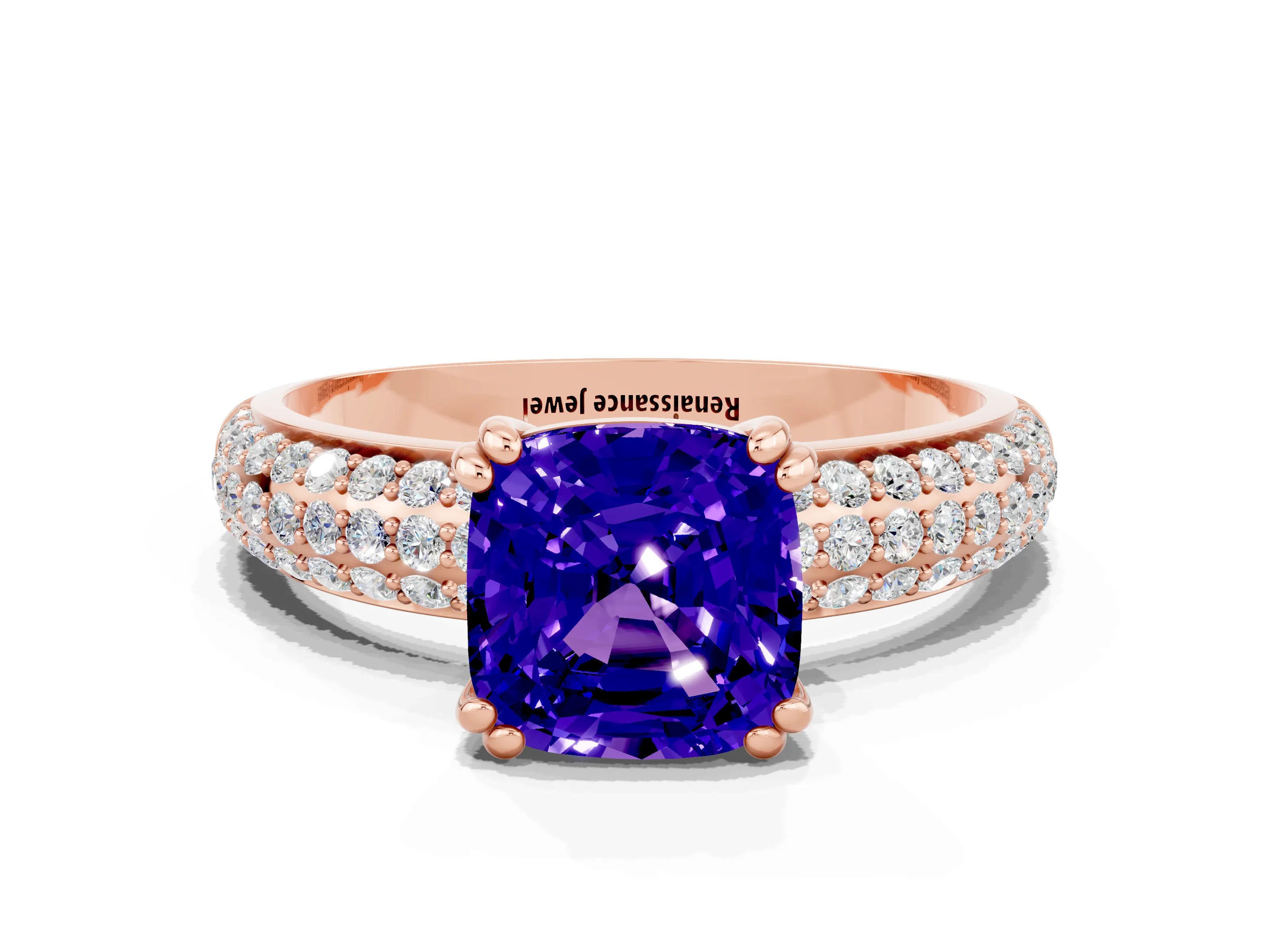 Rose gold Cushion Cut Cut Pave Diamond Engagement Ring with Channel Set Band and Four-Prong Setting