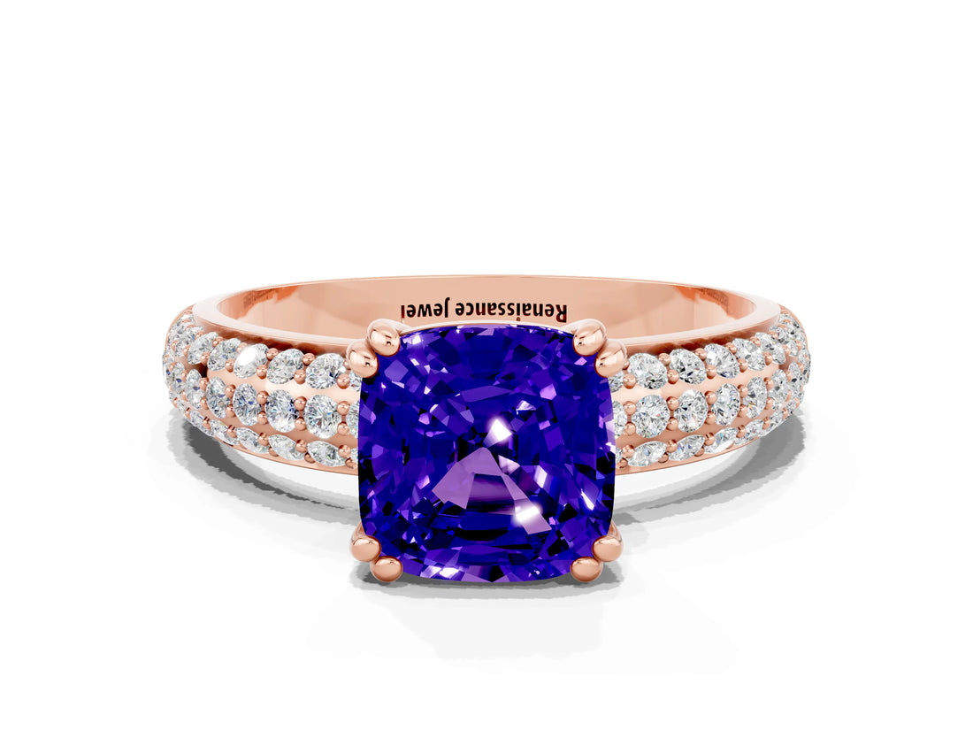 Rose gold Cushion Cut Cut Pave Diamond Engagement Ring with Channel Set Band and Four-Prong Setting