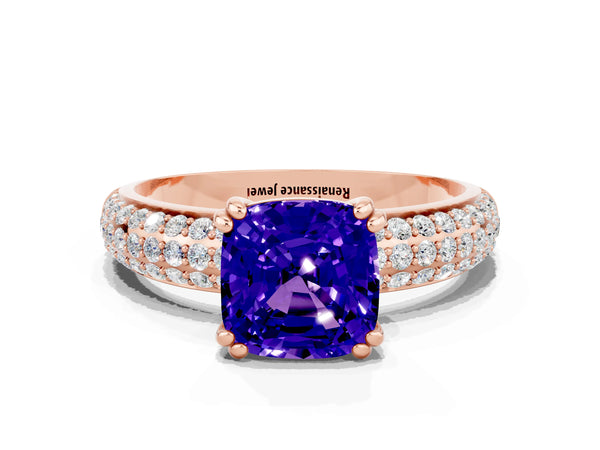 Rose gold Cushion Cut Tanzanite Solitaire Ring with Multi-Row Round Pavé Band and Prong Setting